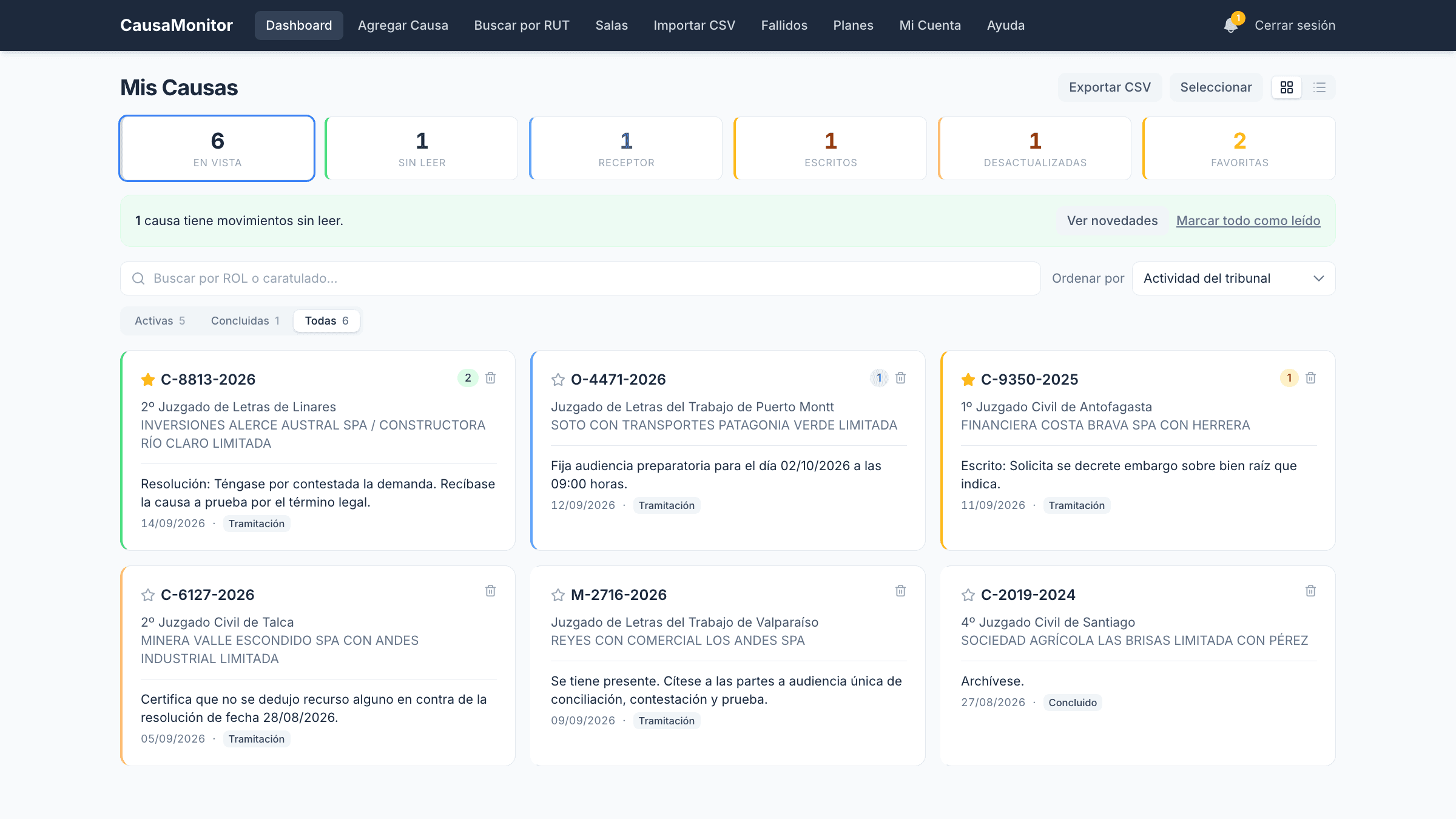 Dashboard de CausaMonitor mostrando causas monitoreadas con badges de actividad